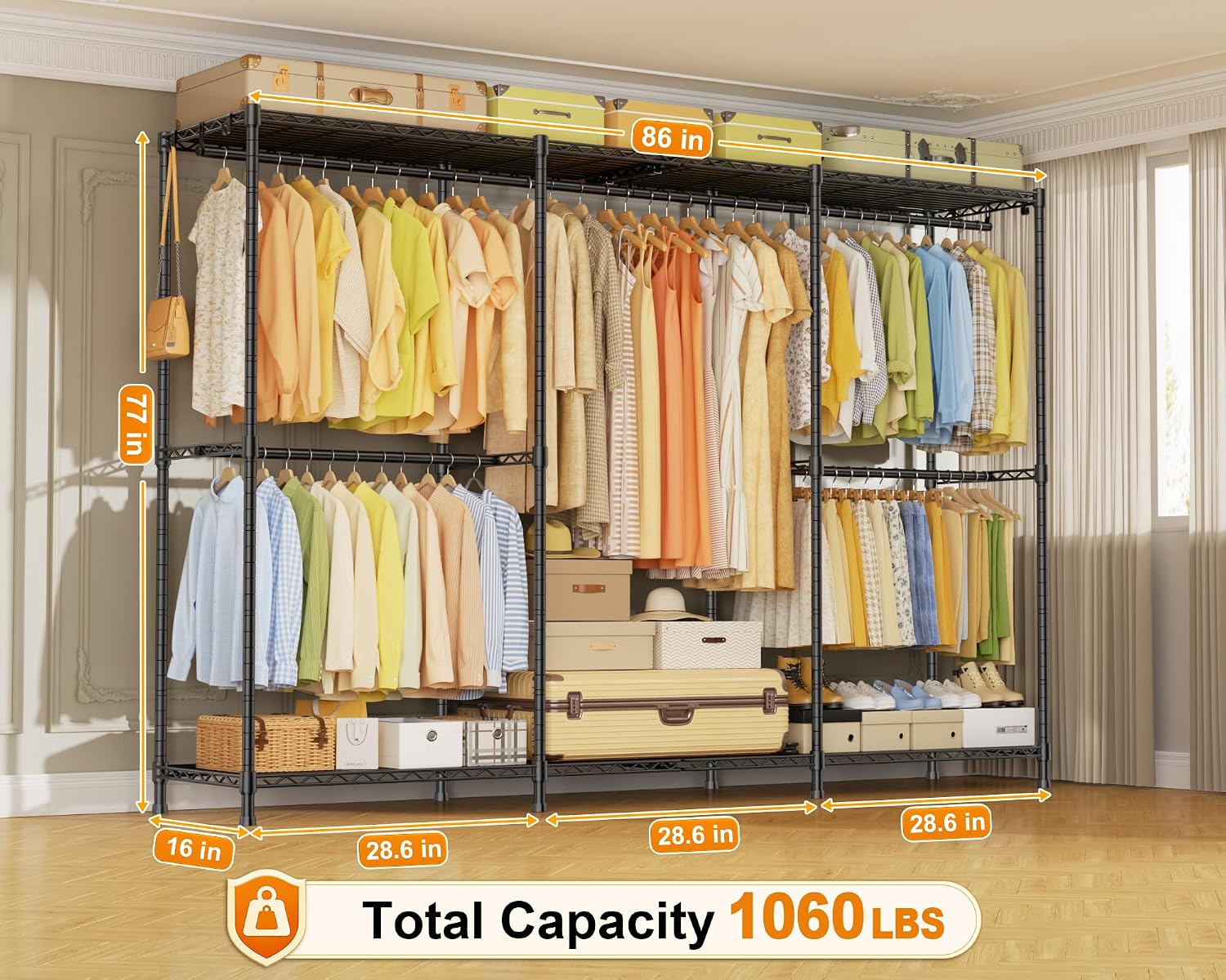 ULIFHOME E14 Max Heavy Duty Clothes Rack，Freestanding Clothing Racks for Hanging Clothes，Adjustable Closet Organizers and Storage，Metal Garment Rack with Shelves 86'W × 16'D × 77'H，Load 1060LBS，Black