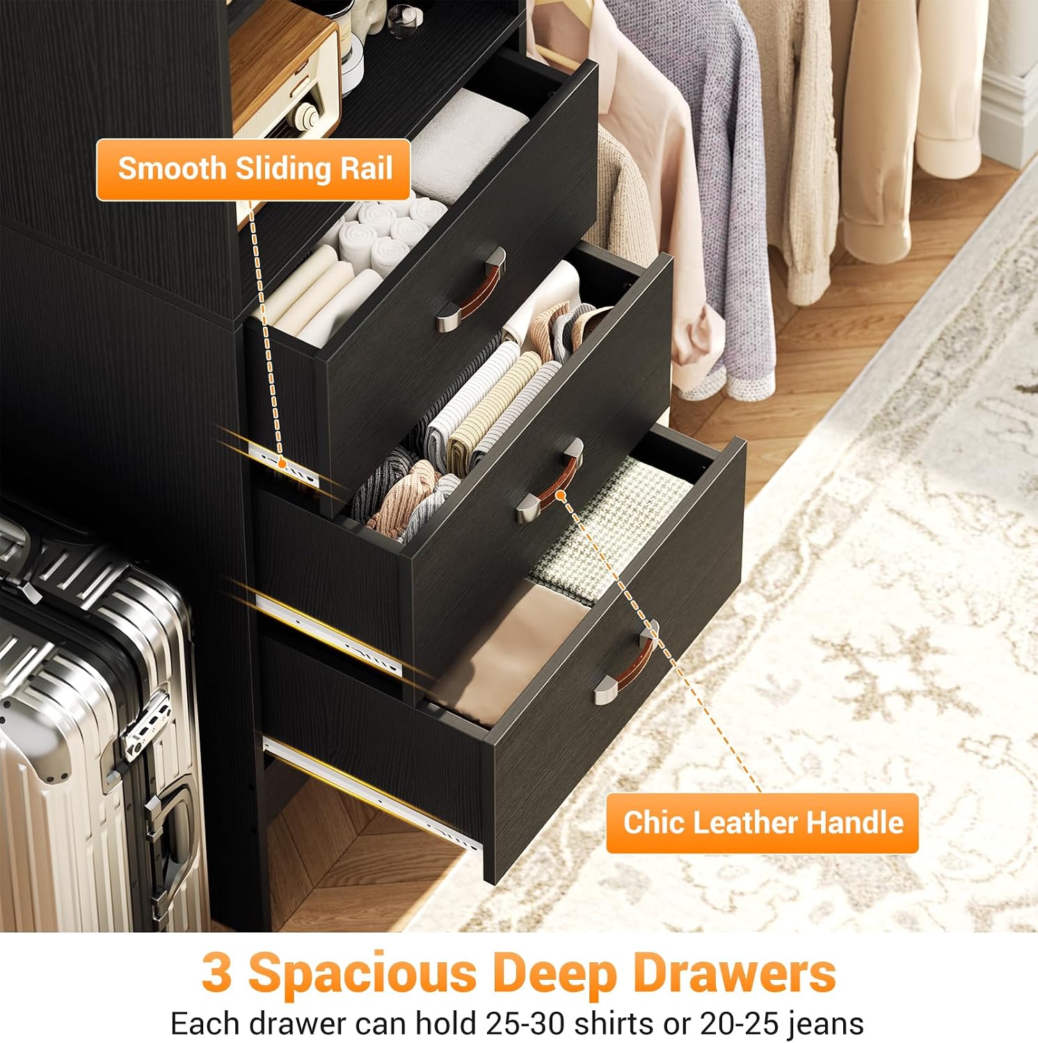 Homieasy 96 Inches Closet Organizer System, 8FT Customizable Walk In Closet Organizer with Hanging Rods, 3 Drawers Garment Rack with Leather Handle , 96' L x 16' W x 75' H, Max Load 1000 LBS, Black