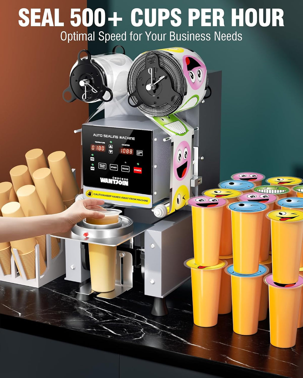 WantJoin Cup Sealer Machine - Full Automatic Cup Sealing Machine 90/95mm Caliber Electric Boba Sealing Machine Seals 500-600 Cups/H Digital Control Panel Cup Sealer for Bubble Milk Tea Coffee Shop