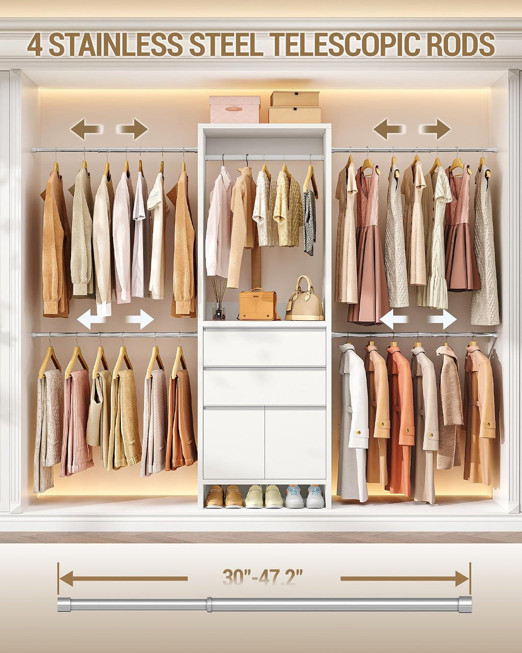 Hzuaneri Closet System with 2 Drawers, Walk-in Closet Organizer System Wooden Storage Systems with 4 Hang Rods & Shoe Cabinet, Fits Spaces 4-9.8FT, Wardrobe Clothes Rack Garment Rack, White MC00103E