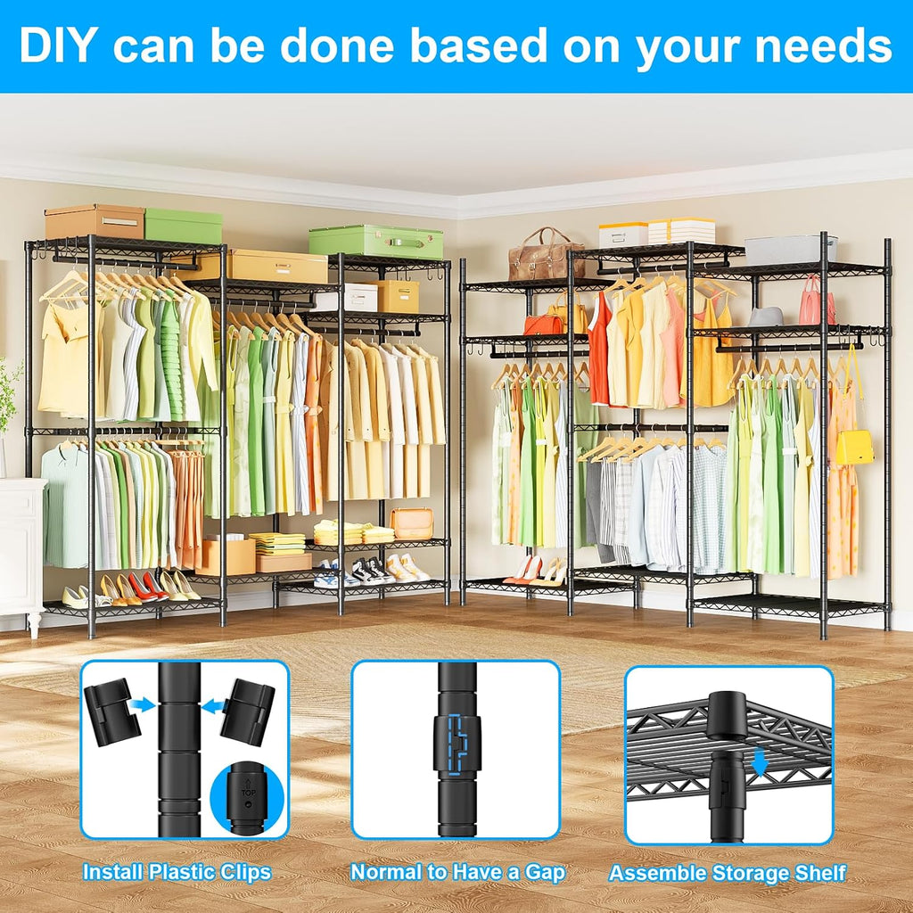 Ulif E13 Heavy Duty Clothes Rack（With 4 Hanger Rods & 8 Shelves） Freestanding Clothing Racks for Hanging Clothes，Adjustable Closet Organizer，Metal Garment Rack 63' W x16 D x77 H，Max Load 900LBS，Black
