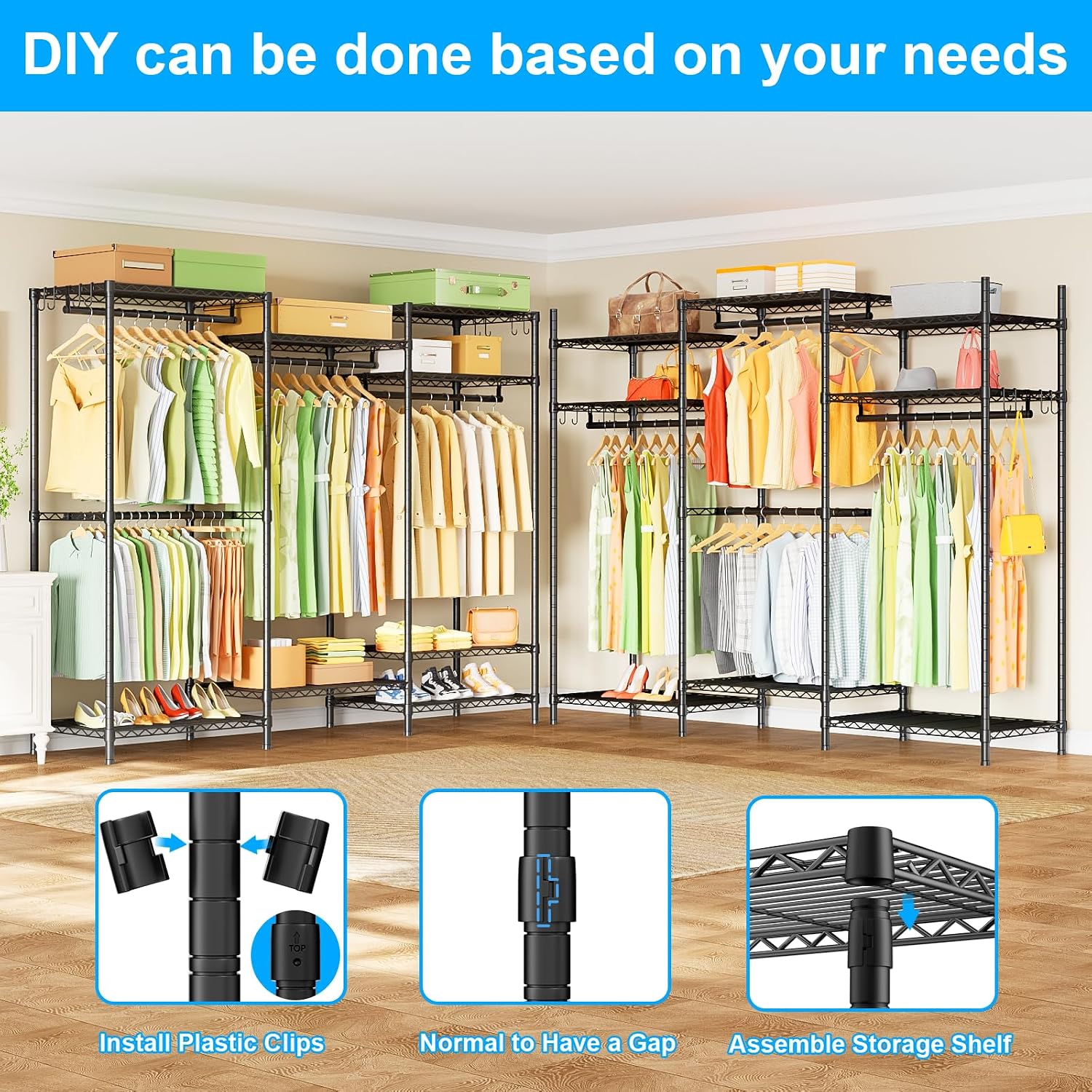 Ulif E13 Heavy Duty Clothes Rack（With 4 Hanger Rods & 8 Shelves） Freestanding Clothing Racks for Hanging Clothes，Adjustable Closet Organizer，Metal Garment Rack 63' W x16 D x77 H，Max Load 900LBS，Black