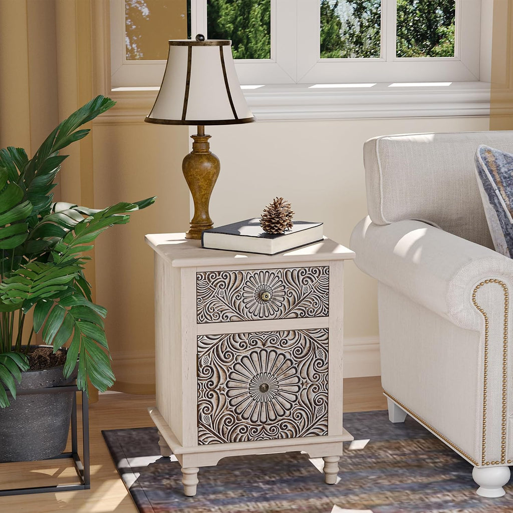 SUNBURY End Table Living Room Small Side Table w Drawer, 18' Vintage Wood Nightstand, 2-Tier MDF Living Room End Table Wood Accent Table, Bed Side Night Stand