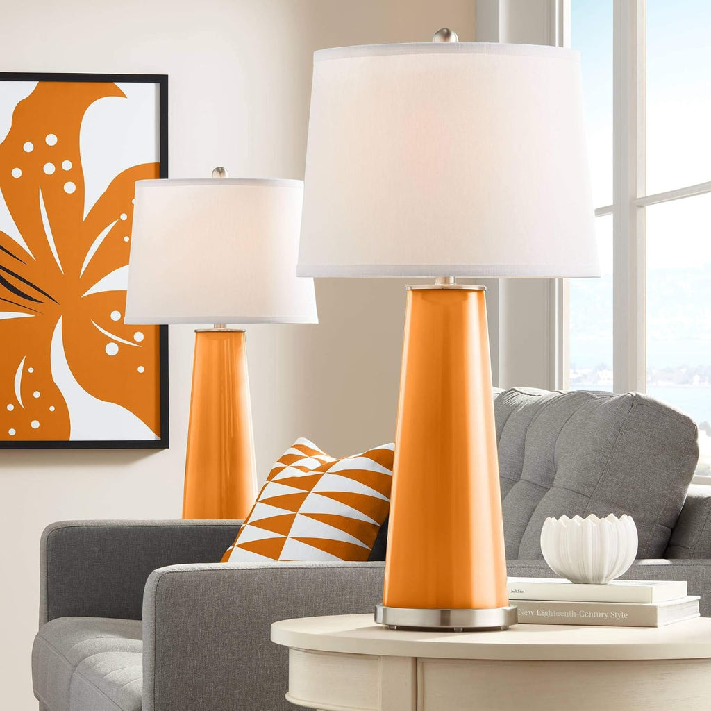 Color + Plus Leo 29 1/2' Tall Cylinder Modern End Table Lamps Set of 2 Cinnamon Spice Orange Brushed Nickel Finish Glass White Shade Living Room Bedroom Bedside Nightstand House Office Home Reading