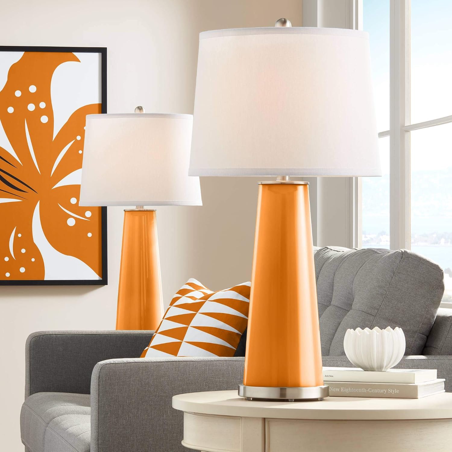 Color + Plus Leo 29 1/2' Tall Cylinder Modern End Table Lamps Set of 2 Cinnamon Spice Orange Brushed Nickel Finish Glass White Shade Living Room Bedroom Bedside Nightstand House Office Home Reading
