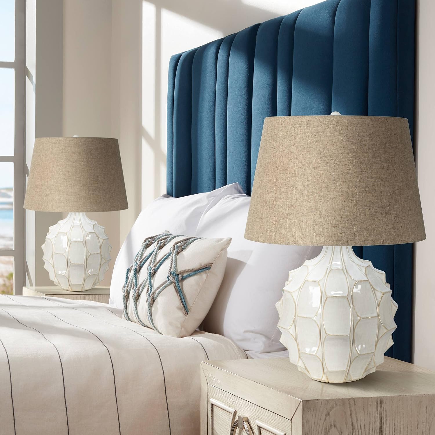 Possini Euro Design Cosgrove Country Cottage Table Lamps 26 1/2' Tall Set of 2 White Glazed Textured Ceramic Brown Linen Drum Shade for Bedroom Family Room Bedside Nightstand House Home Office