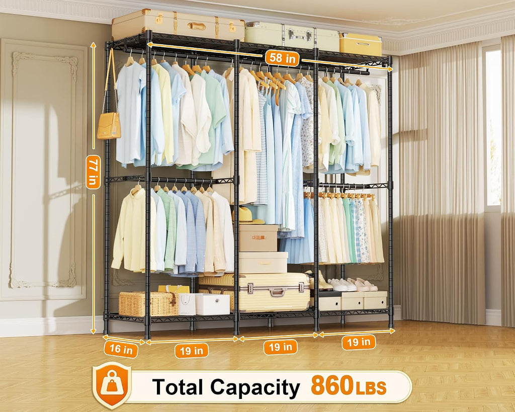 ULIFHOME E14 Heavy Duty Clothes Rack，Freestanding Clothing Racks for Hanging Clothes，Adjustable Closet Organizers and Storage，Metal Garment Rack with Shelves 58' W x16 D x77 H，Load 860LBS，Black