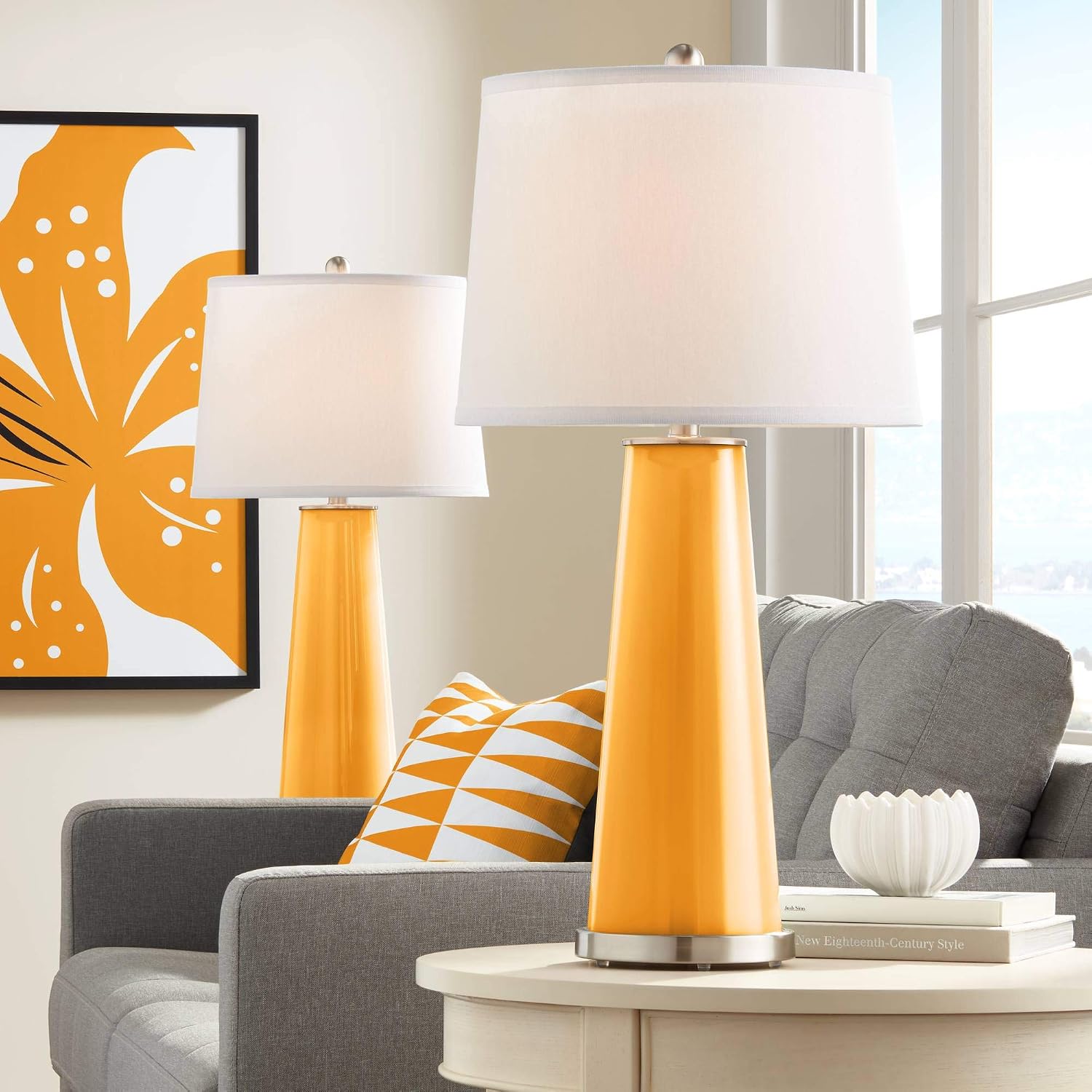 Color + Plus Leo 29 1/2' Tall Modern End Table Lamps Set of 2 Carnival Orange Finish Glass Fabric White Shade Living Room Bedroom Bedside Nightstand House Office Home Reading Kitchen Entryway