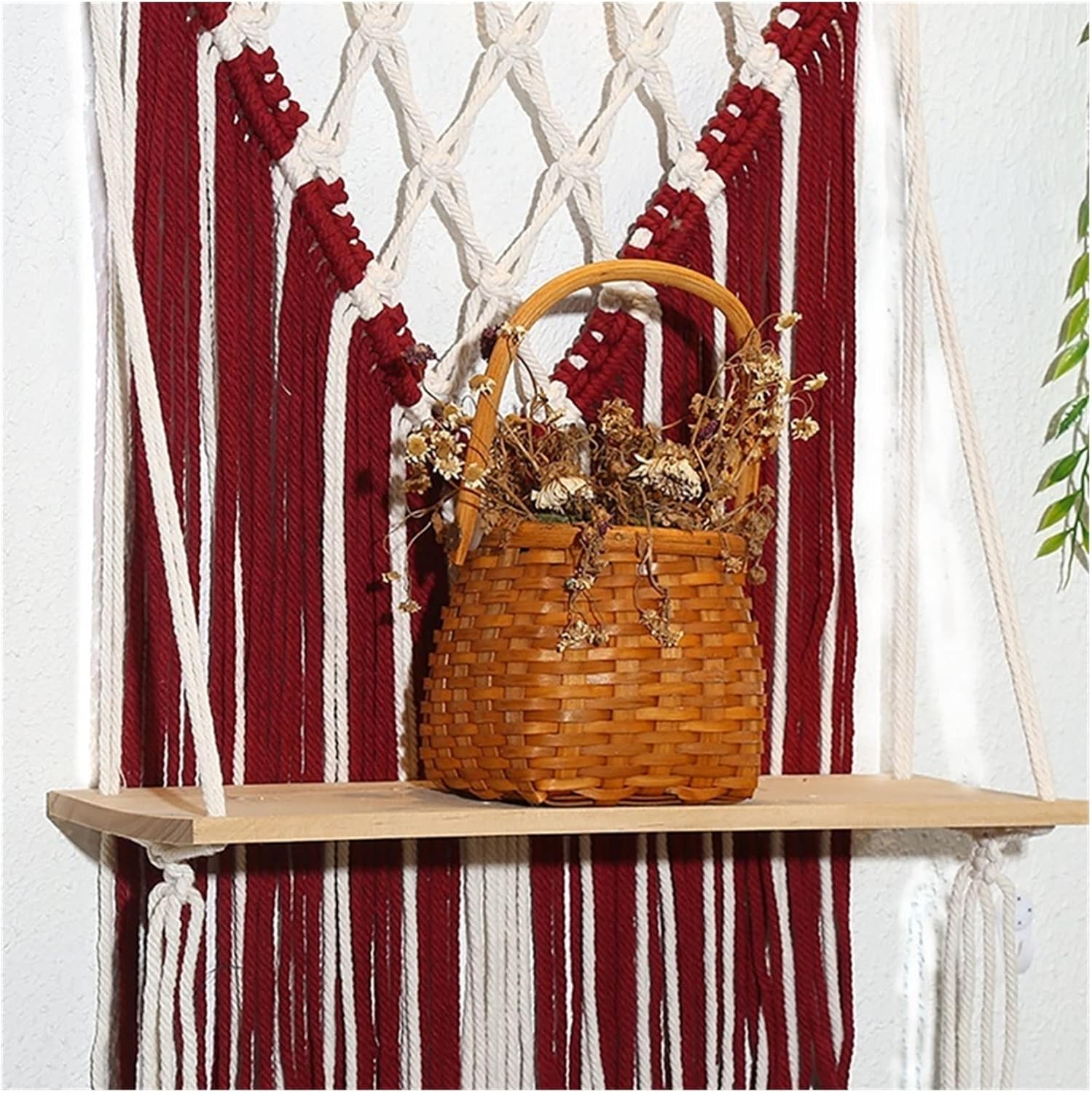 Tapestry Macrame Wall Hanging Shelf Bohemian Tapestry Woven Hanging Wall Decor (Red)