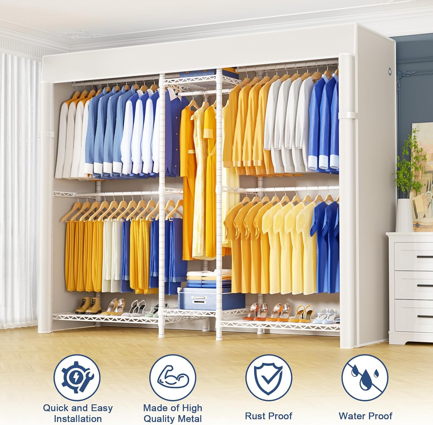 Ulif E12C Pro Heavy Duty Closet Organizer System，Freestanding Clothing Racks for Hanging Clothes，Adjustable Garment Rack 71'W x 16'D x 76.5'H Hold 960lbs，White Clothing Rack with White Dustproof Cover