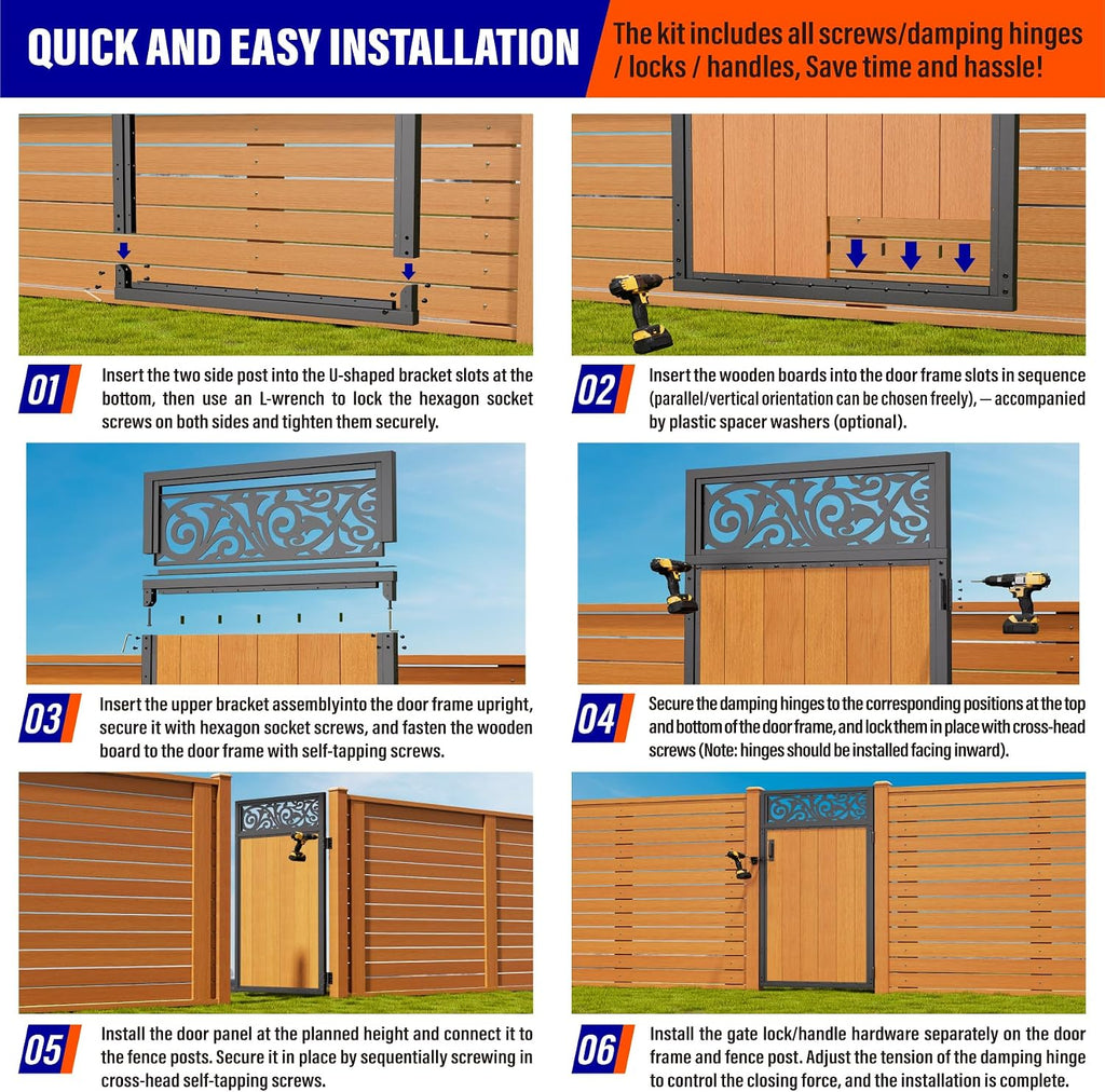 3x6FT (34.8' W X 70.8' H) 201 Stainless Steel Anti Sag Wooden Fence Gate Kit Heavy Duty Garden Gate Frame Hardware Kit Reinforcement (Left/Right Free-Installation)