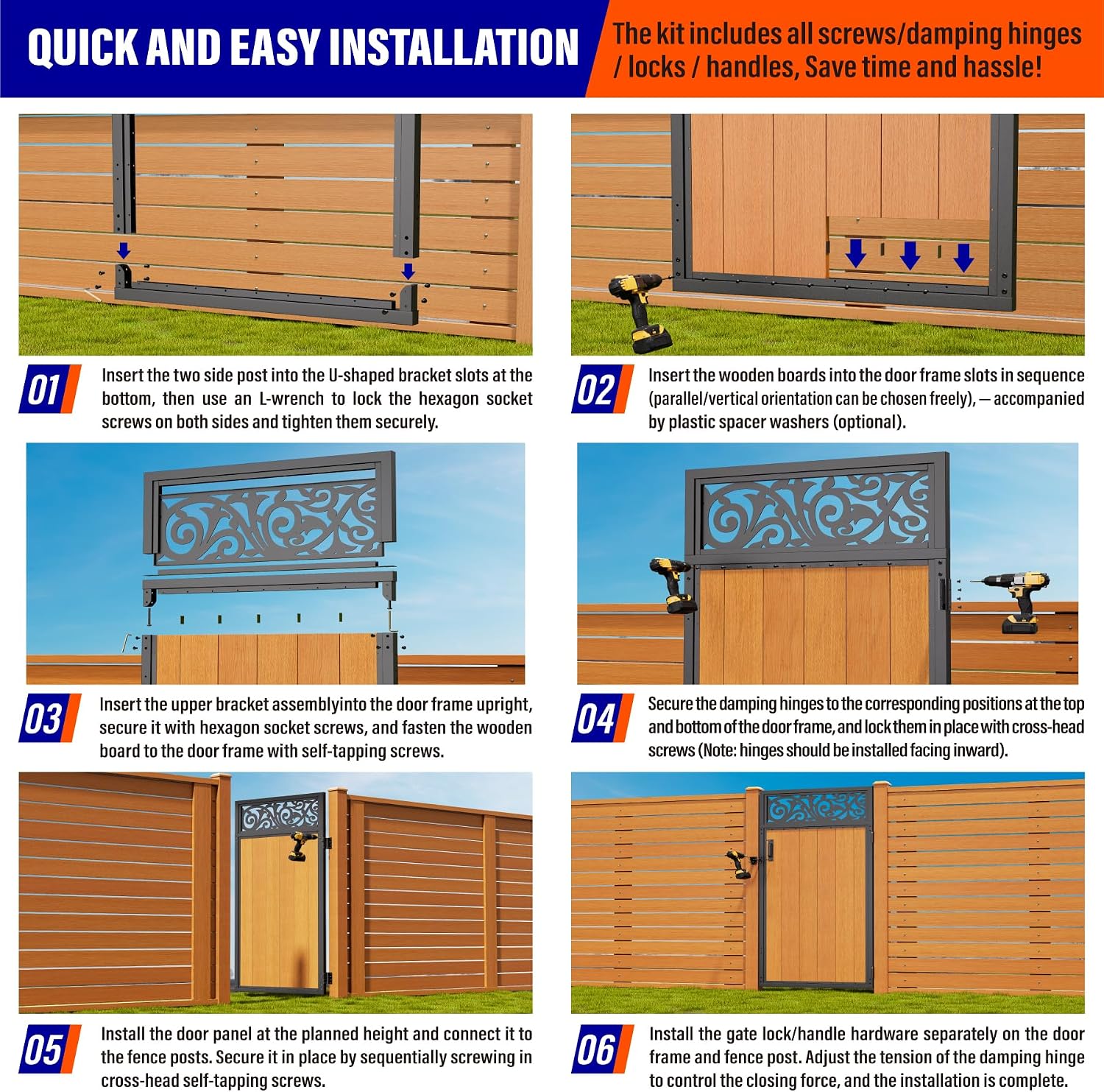 3x6FT (34.8' W X 70.8' H) 201 Stainless Steel Anti Sag Wooden Fence Gate Kit Heavy Duty Garden Gate Frame Hardware Kit Reinforcement (Left/Right Free-Installation)
