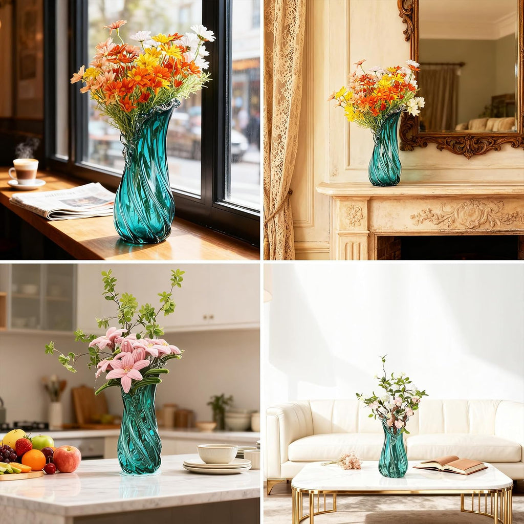 Vases Home Decor - 16In Crystal Vase, Glass Blue Vase, Flower Holders for Bouquet, Centerpieces & Single Stems, Tall for Roses, Dried Flowers, Pampas Grass, Fits Living Room Bedroom Office (L)