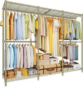 ULIFHOME E14 Pro Heavy Duty Clothes Rack，Freestanding Clothing Racks for Hanging Clothes，Adjustable Closet Organizers and Storage，Metal Garment Rack with Shelves 69'W x16'D x77'H，Max Load 960LBS，Gold