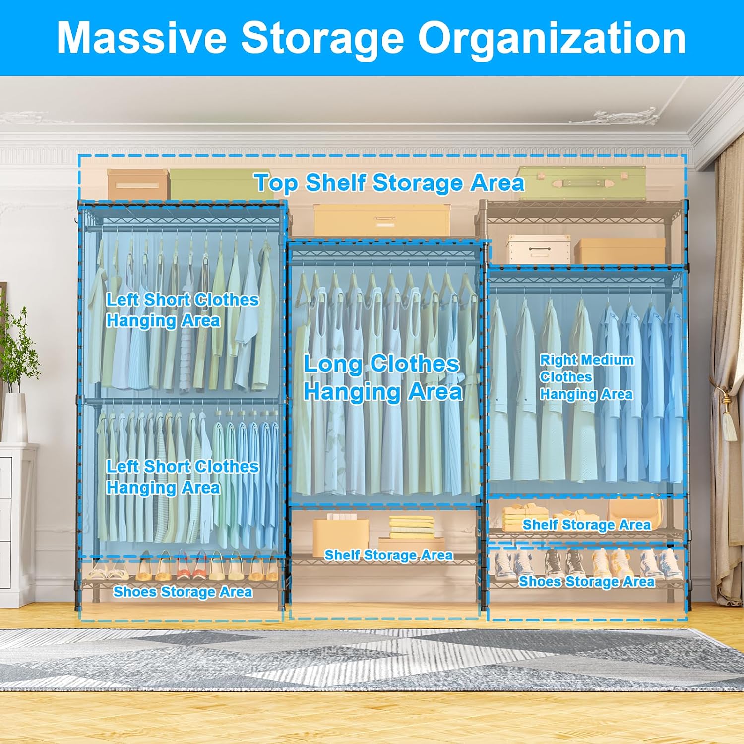 Ulif E13 Pro Heavy Duty Clothes Rack（With 4 Hanger Rods & 8 Shelves） Freestanding Clothing Racks for Hanging Clothes，Adjustable Closet，Metal Garment Rack 75' W x16 D x77 H，Max Load 1000LBS，Black