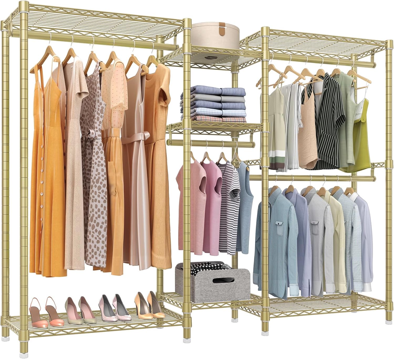 VIPEK Classic V6 Wire Garment Rack Heavy Duty Clothes Rack with 7 Adjustable Shelves & 4 Hanging Rods, Compact DIY Metal Clothing Racks 68.9' L x 15.7' W x 76.4' H, Max Load 840LBS, Gold