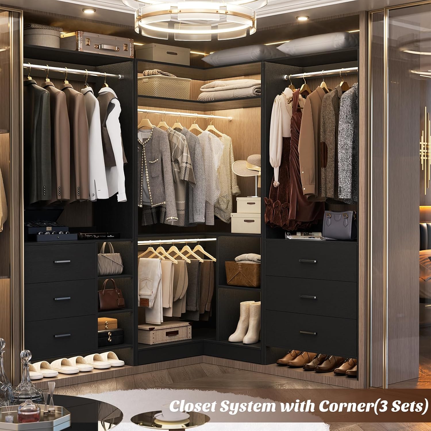 Aheaplus Corner Closet System with Shelves, Closet Organizer System with Hanging Rods, Wood Walk-in Closets for Corner Small Space, L Shaped Garment Rack, -B3, Black