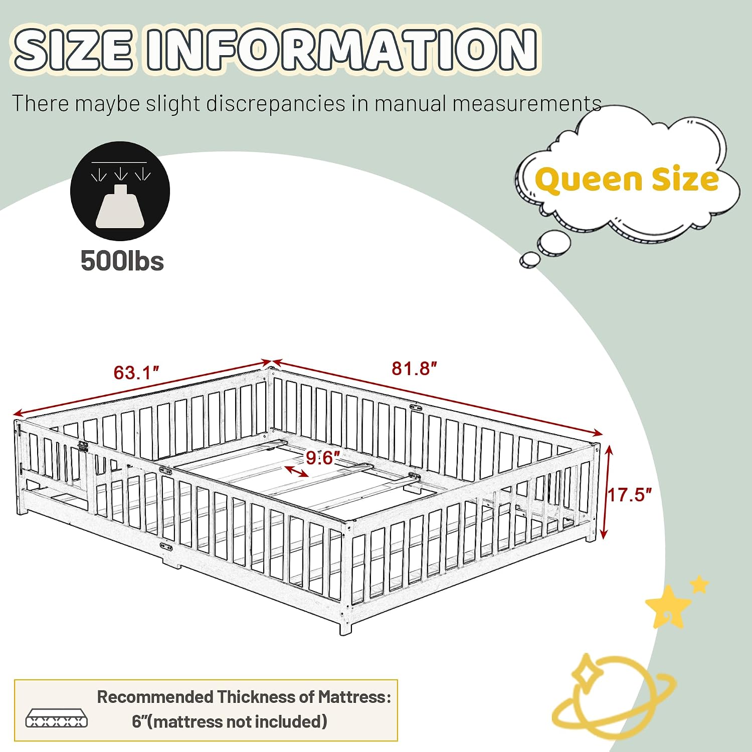 Queen Floor Bed with Safety Guardrails for Kids, Rubber Wood Montessori Bed with Slats and Convertible Door,Queen Size Bed Frame for Girls and Boys,No Box Spring Needed,Grey