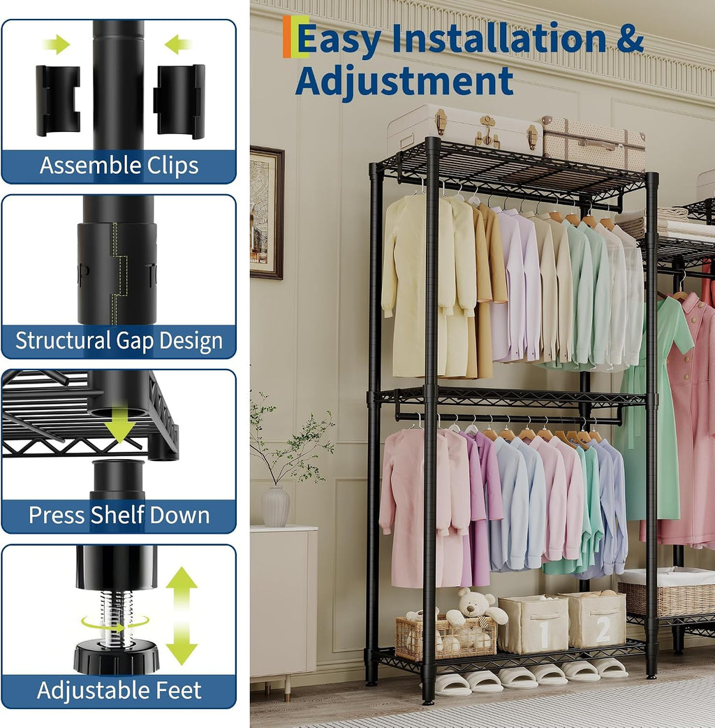 Freestanding Heavy Duty Garment Rack with Adjustable Shelves and Hanging Rods, Large 1870 Lbs Capacity Portable Closet Organizer for Bedroom or Cloakroom Storage, Black