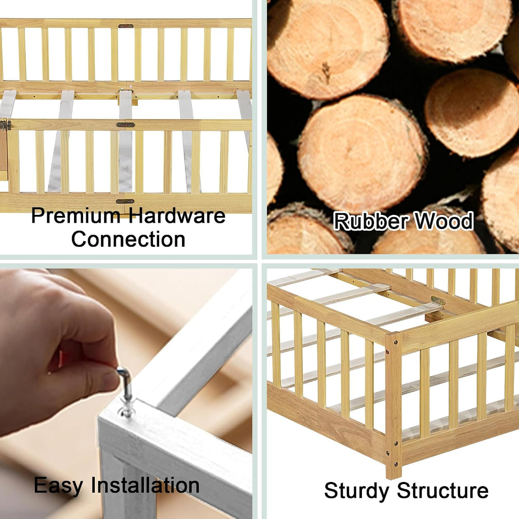 Full Floor Bed with Safety Guardrails for Kids, Rubber Wood Montessori Bed with Slats and Convertible Door,Full Size Bed Frame for Girls and Boys,No Box Spring Needed,Natural