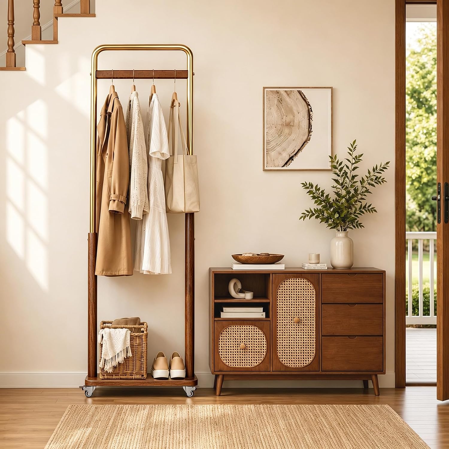 Taitiy Clothes Rack Solid Wood Coat Rack, Metal and Solid Wood Combination Clothing Rack with Wheels for Entryway, Bedroom, Living Room, Coat Racks Freestanding for Hanging Clothes Garment Scarf