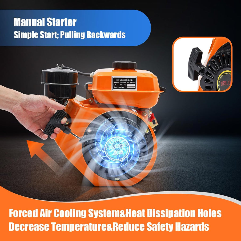 196CC 4 Stroke Diesel Engine, 168F 2200W Single Cylinder Air Cooled Diesel Engine, Small Diesel Engine Manual Start Single-Valve Fuel Injection for Water Pumps Cultivators Tiller