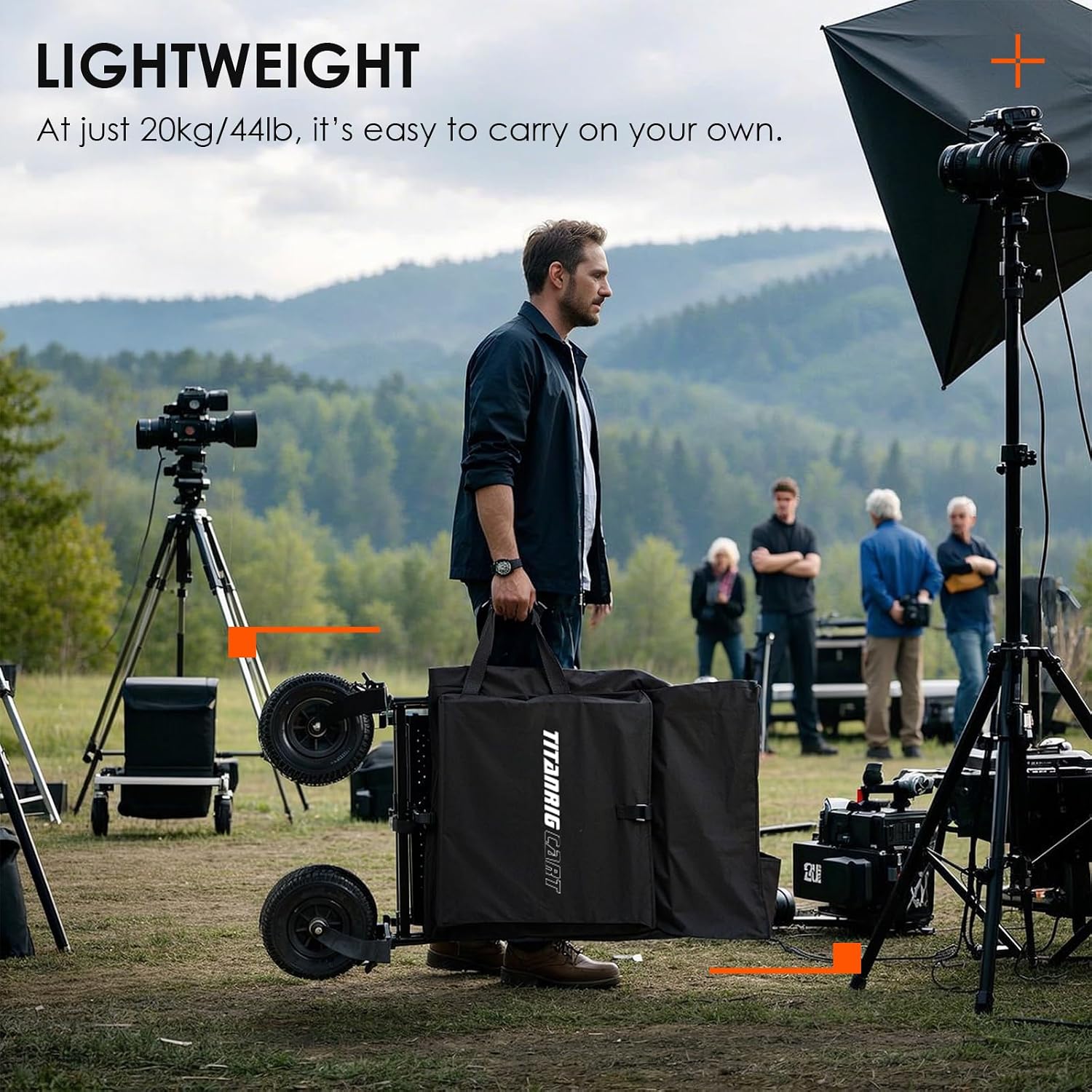 TARION Video Production Camera Cart - Heavy Duty 440lb Load Capacity Cine Dolly - Foldable 3 Tray Mobile Workstation - 9 Inch Swivel Wheels - Titanrig Cart