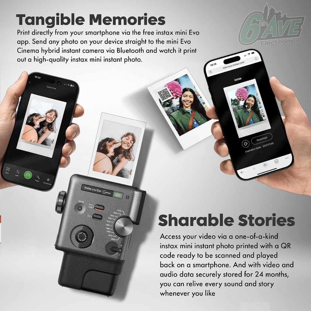 FUJIFILM instax mini Evo Cinema Hybrid Instant Camera Bundle, 3-in-1 Instant Camera Smartphone Printer Video Camera, Gen Dial Effects, Viewfinder & Grip + 40-Photo Instax Mini Film + More