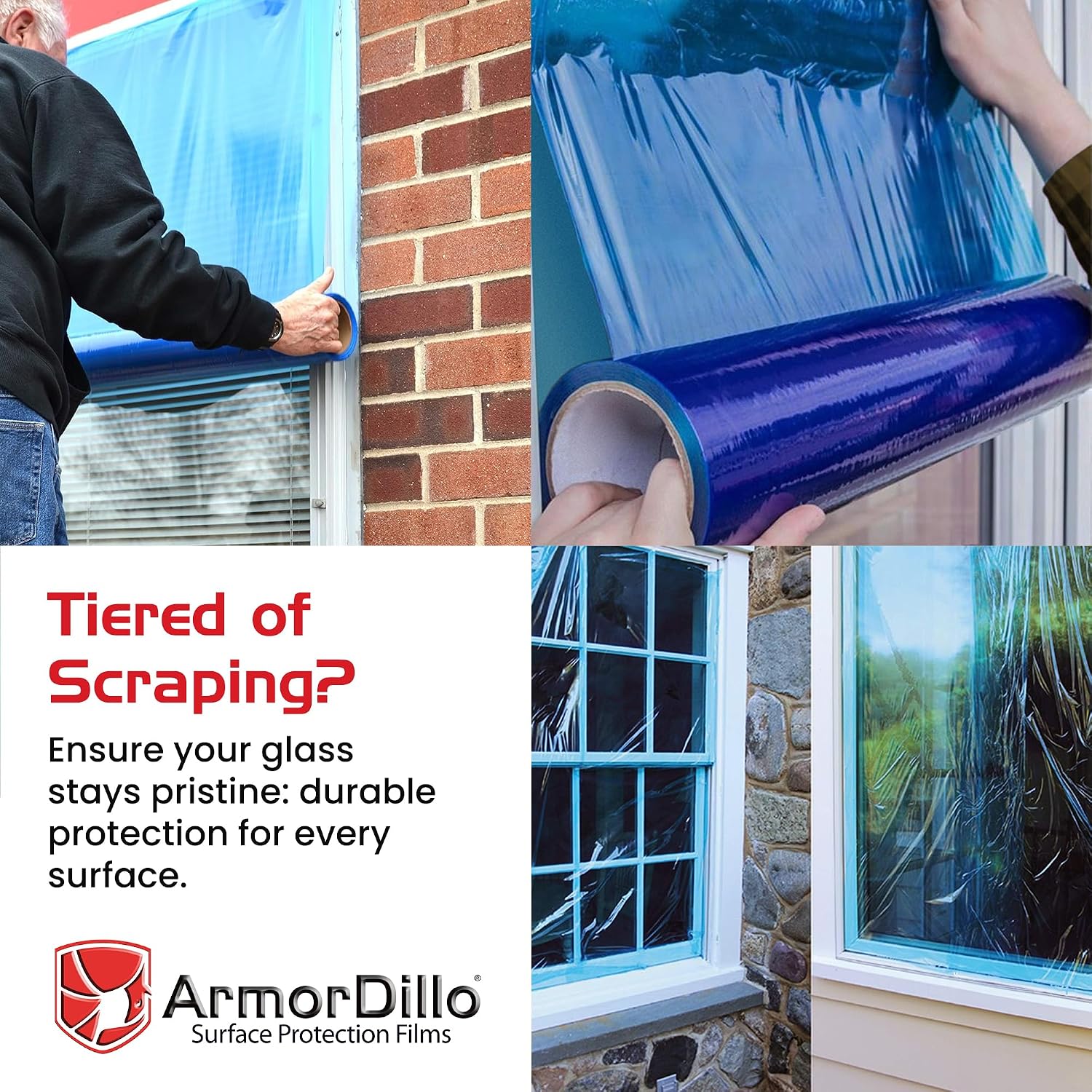 ArmorDillo Blue Window Protection Film 6' x 200' | 14.68 per roll (10 Rolls- 1 case), Surface Protection | Temporary Self-Adhesive Glass Covering, Window Masking, 45-Day UV Resistant Construction Wrap