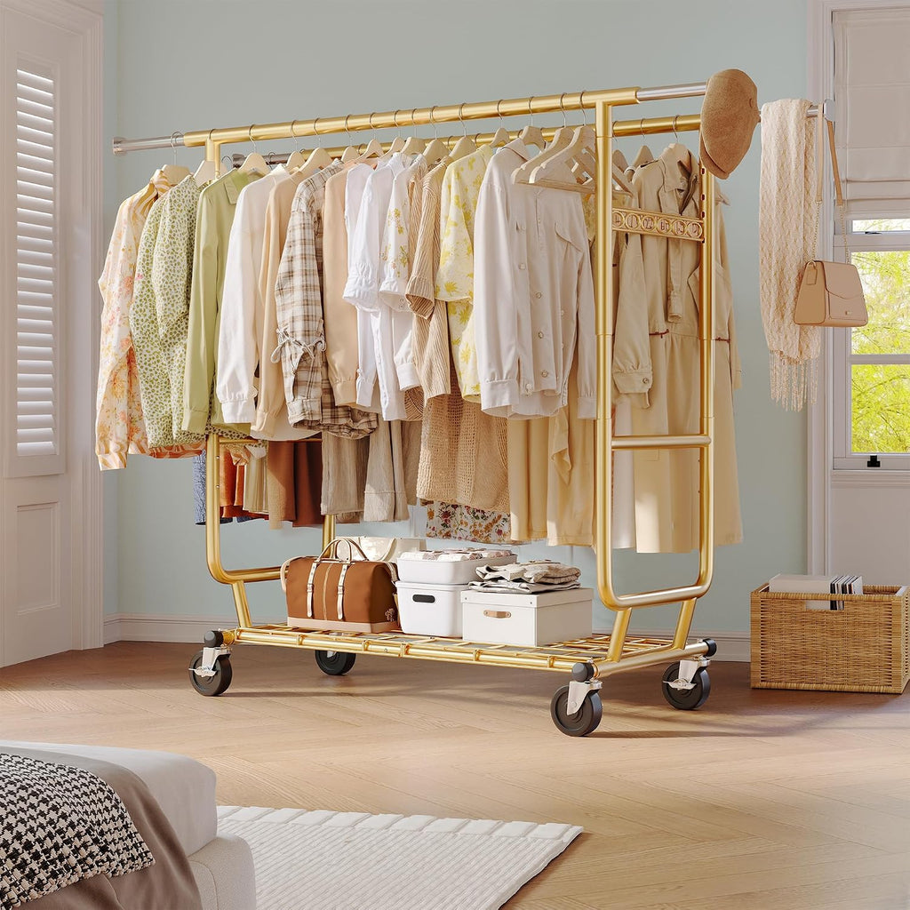 Raybee Clothes Rack Load 650LBS Heavy Duty Clothing Rack, Collapsible Clothes Racks for Hanging Clothes with Adjustable Height & Double Rods, Commercial Garment Rack with Wheels, Easy Assembly, Gold