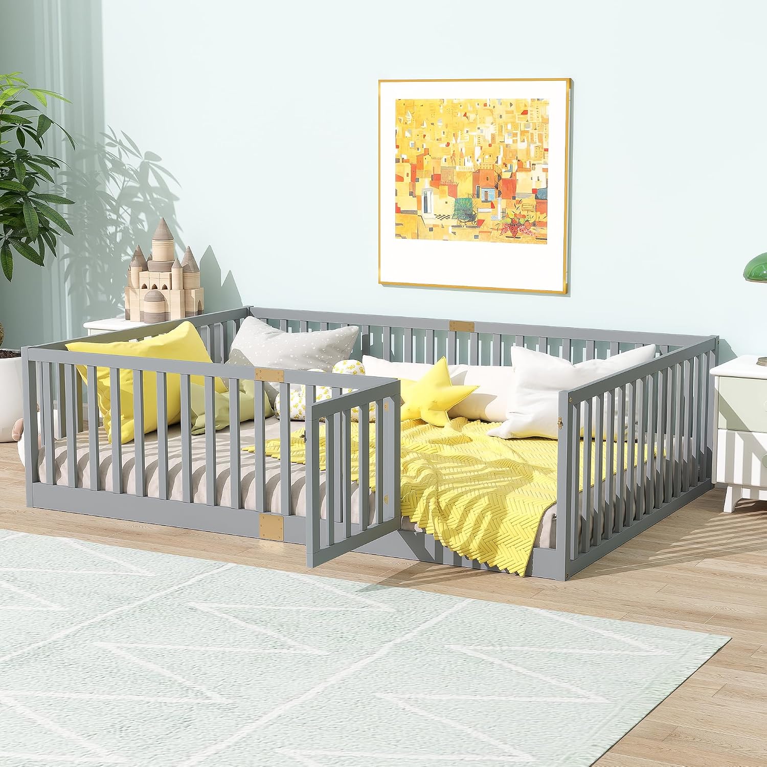 Full Size Floor Bed with 21.5' High Rails and Door, Solid Rubber Wood Montessori Bed Full for Boys Girls, Low Profile Kids Beds Frame with 6 Slats, No Box Spring Needeed, Grey