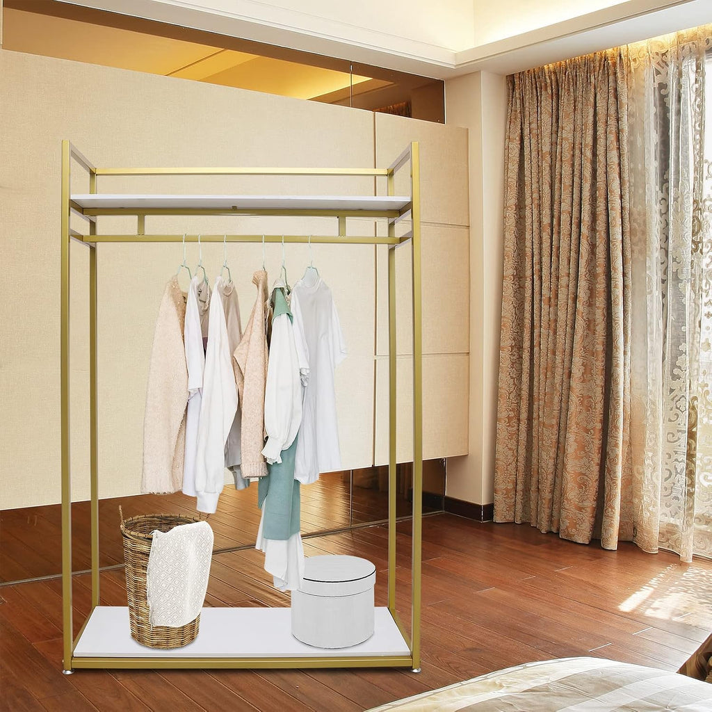 Open Garment Clothing Rack, Freestanding Standing Closet with Shelves Heavy Duty Shoes Bags Clothes Organizer Garment Rack Gold Hanging Clothing Rack for Small Spaces (47' L)