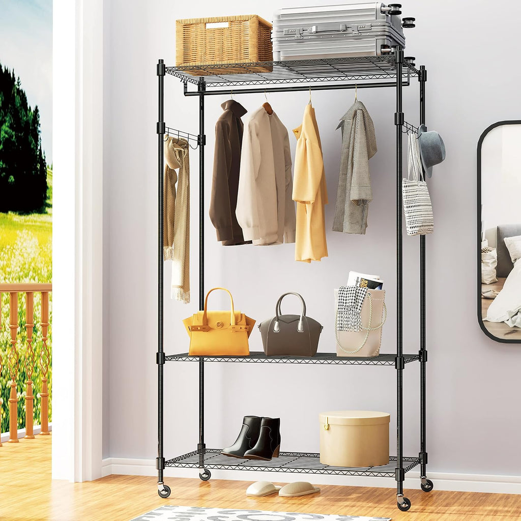 Himimi 3 Tier Heavy Duty Garment Rack with Wheels, Adjustable Wire Shelving Clothes Rack with Hanging Rod, 4 Side Hooks - Freestanding Metal Wardrobe Storage Rack, Grey