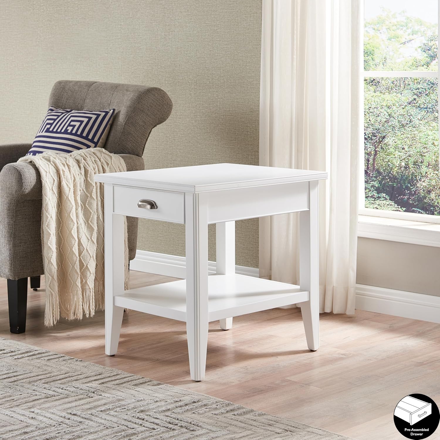 Leick Home Laurent 20 in. Solid Wood End Table with Shelf and Drawer, White, 10507-WT