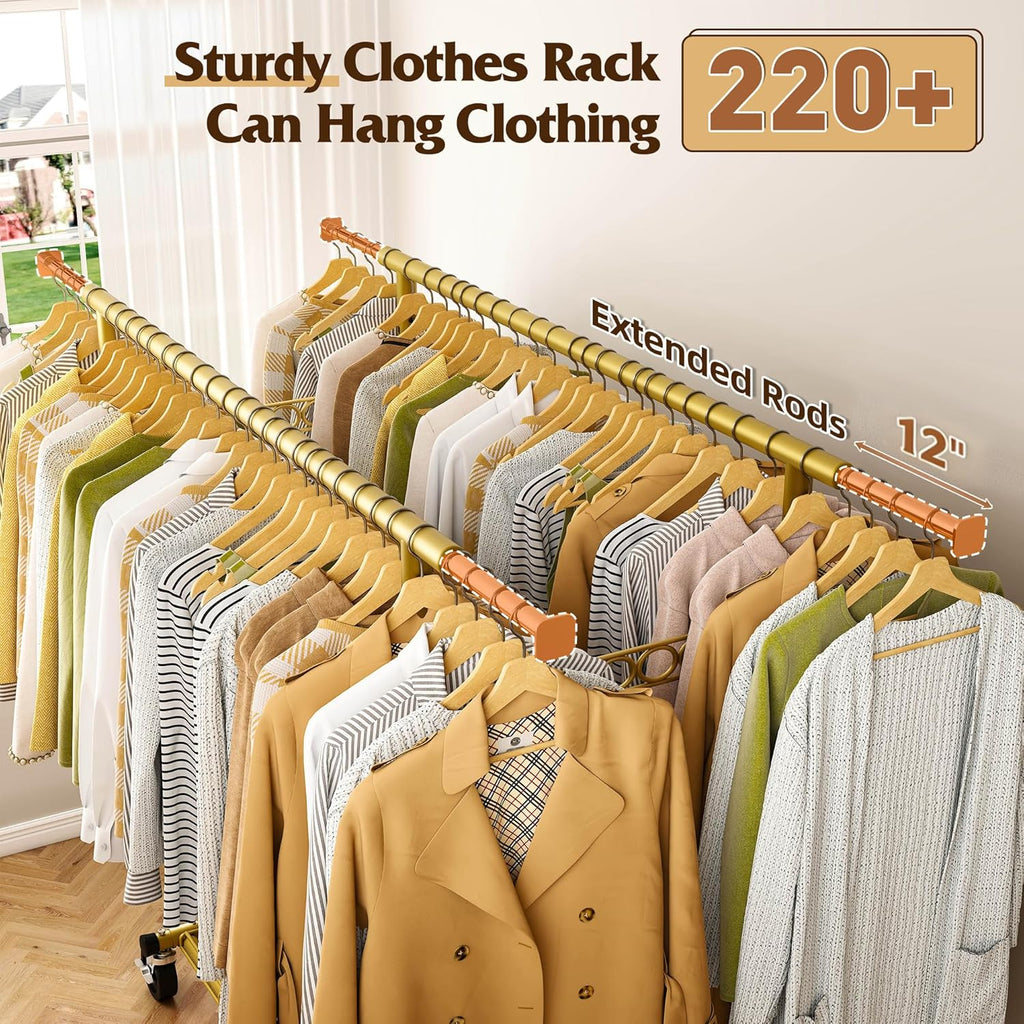 Raybee Clothes Rack Load 650LBS Heavy Duty Clothing Rack, Collapsible Clothes Racks for Hanging Clothes with Adjustable Height & Double Rods, Commercial Garment Rack with Wheels, Easy Assembly, Gold