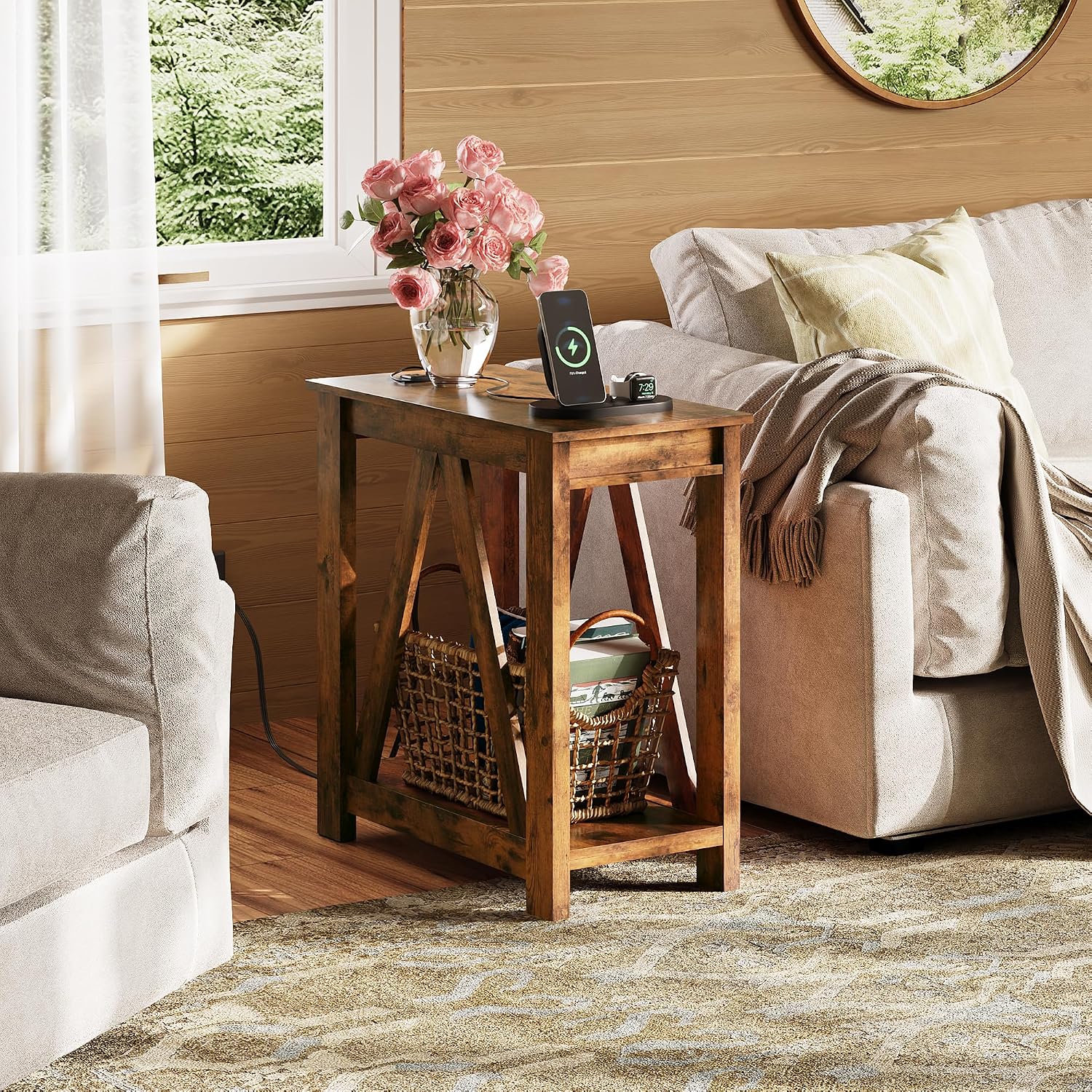 WLIVE End Tables Living Room Set of 2 with Charging Station, Sofa Side Tables with Open Storage Shelf, Slim Farmhouse End Table Sets, Greige