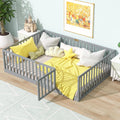 Full Size Floor Bed with 21.5' High Rails and Door, Solid Rubber Wood Montessori Bed Full for Boys Girls, Low Profile Kids Beds Frame with 6 Slats, No Box Spring Needeed, Grey