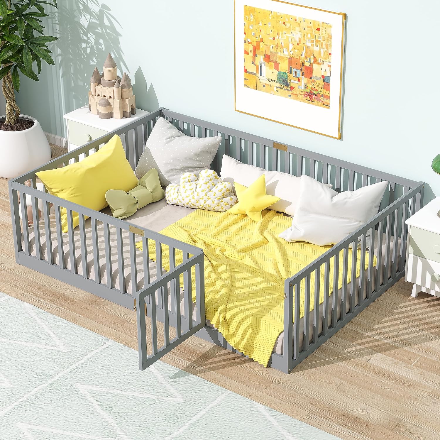 Full Size Floor Bed with 21.5' High Rails and Door, Solid Rubber Wood Montessori Bed Full for Boys Girls, Low Profile Kids Beds Frame with 6 Slats, No Box Spring Needeed, Grey