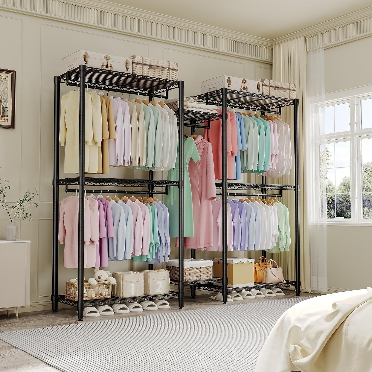Freestanding Heavy Duty Garment Rack with Adjustable Shelves and Hanging Rods, Large 1870 Lbs Capacity Portable Closet Organizer for Bedroom or Cloakroom Storage, Black