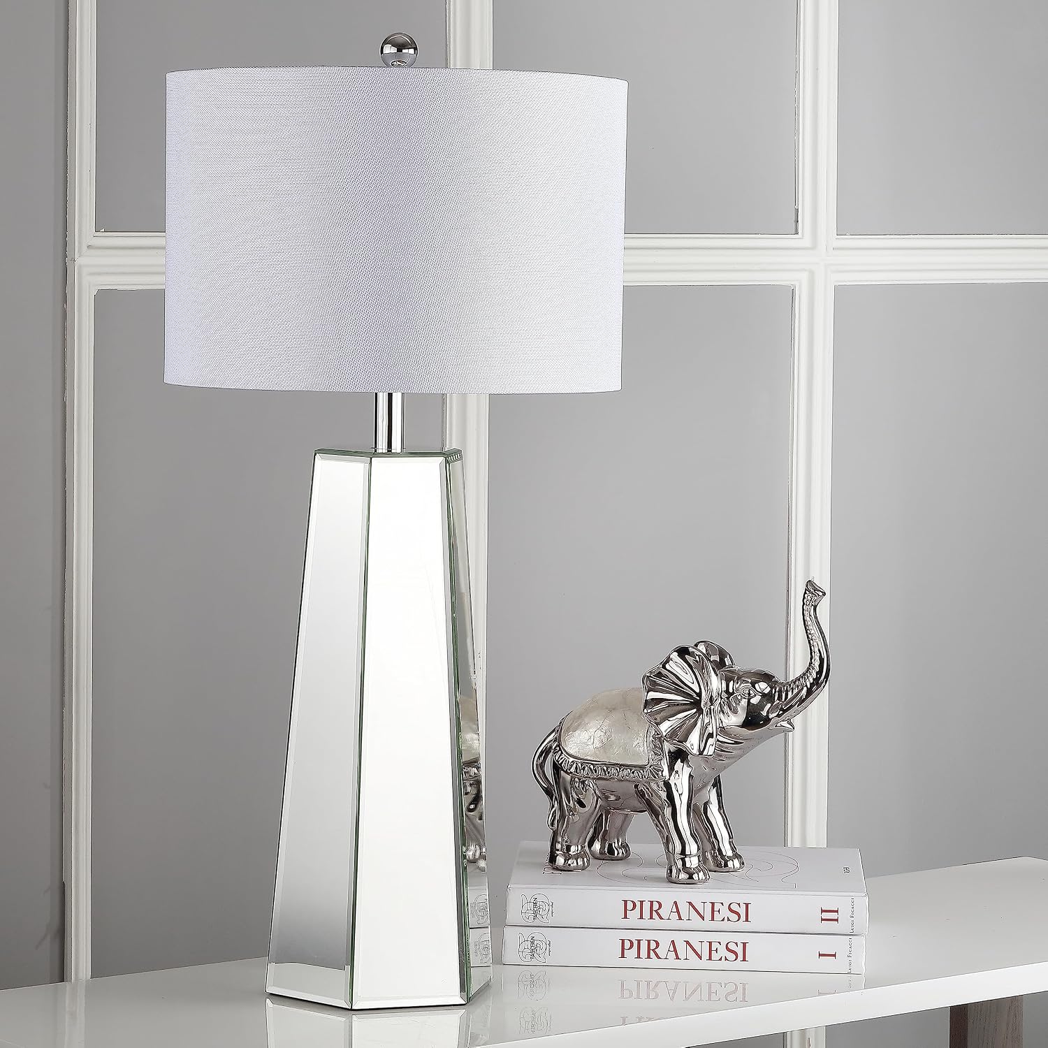 SAFAVIEH Lighting Collection Janice Modern Art Deco Mirror Chrome 32-inch Bedroom Living Room Home Office Desk Nightstand Table Lamp Set of 2 (LED Bulbs Included)