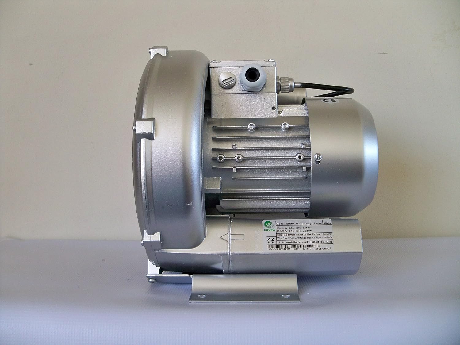 0.83 Hp Regenerative Blower 220V/1Phase, 70 Cfm, 60'H2O Max Press, Goorui-USA GHBH D73 12 1R3