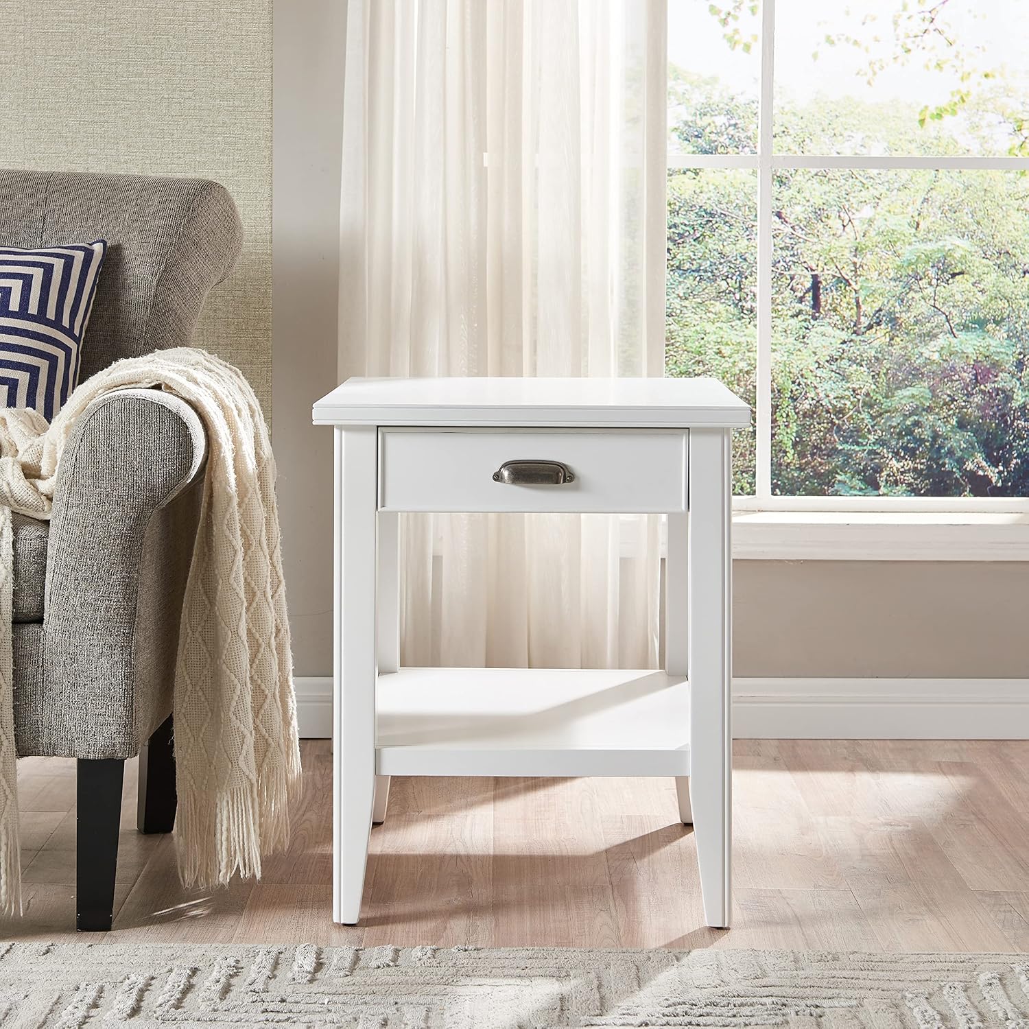 Leick Home Laurent 20 in. Solid Wood End Table with Shelf and Drawer, White, 10507-WT