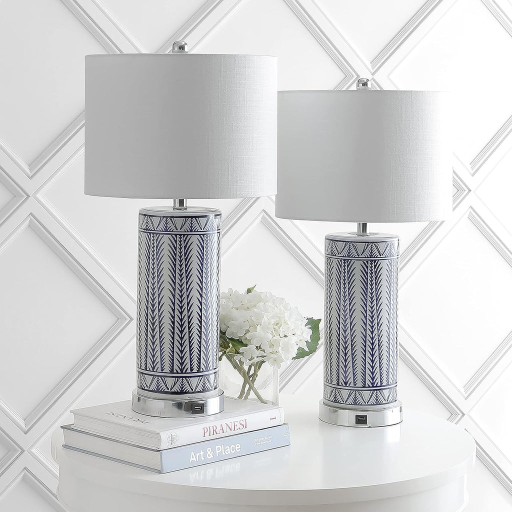 JONATHAN Y 27' Navy Ceramic Contemporary USB Charging LED Table Lamp Set of 2, Geometric Column Lamp with White Linen Drum Shade, Chrome Base, LED Bulbs Included JYL6615A-SET2