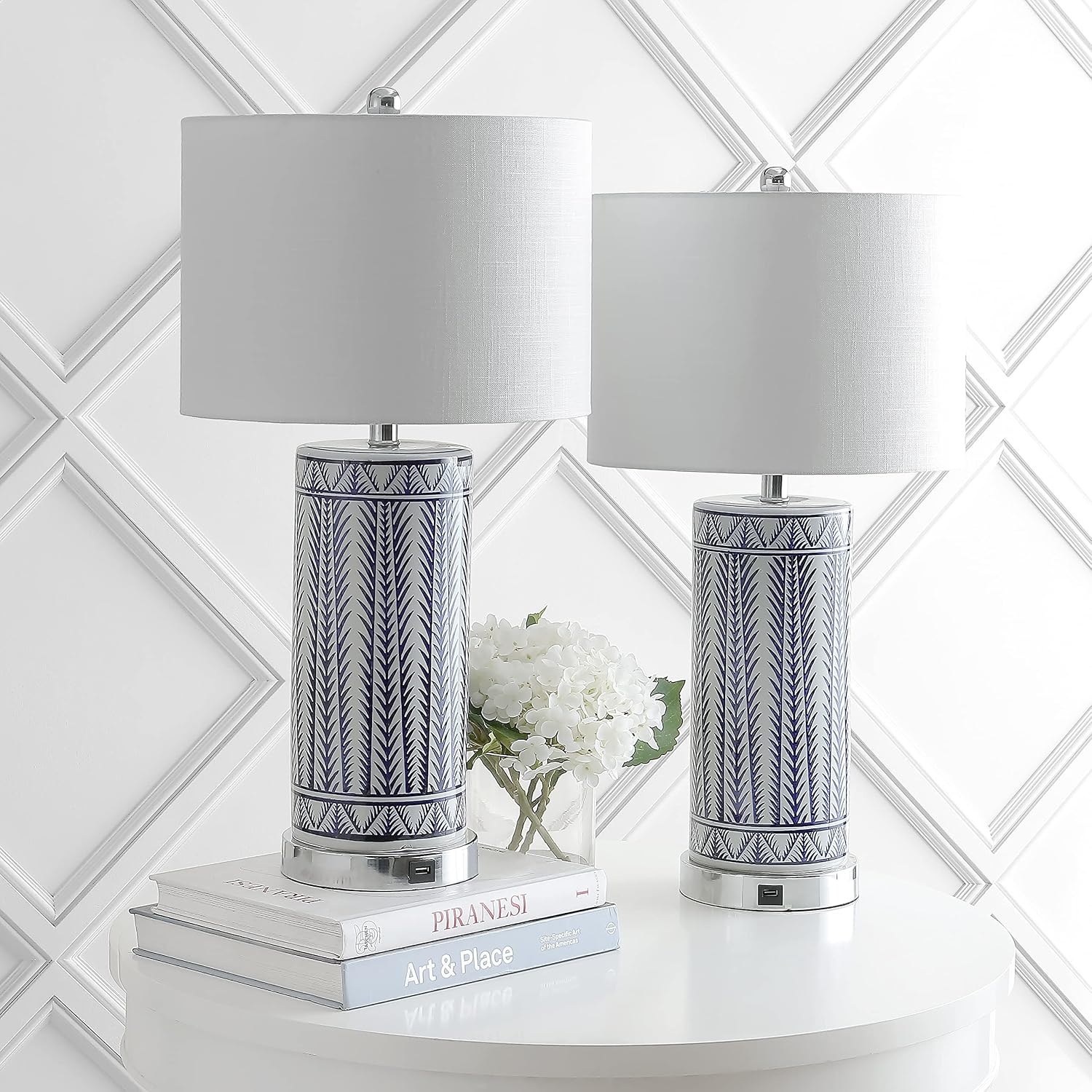 JONATHAN Y 27' Navy Ceramic Contemporary USB Charging LED Table Lamp Set of 2, Geometric Column Lamp with White Linen Drum Shade, Chrome Base, LED Bulbs Included JYL6615A-SET2