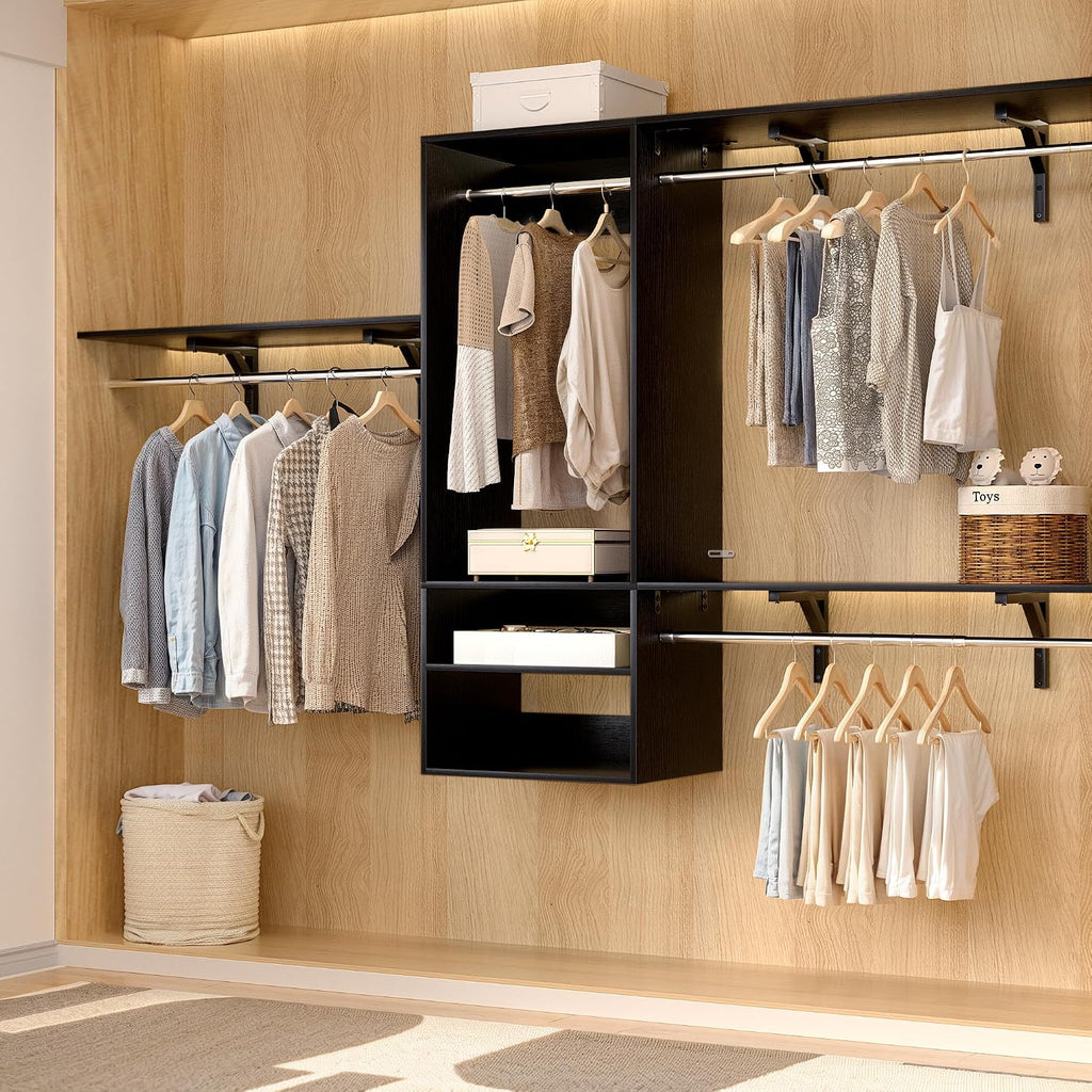 Besiost 8FT Hanging Closet System, 96 Inch Closet Organizer System with Hanging Rod, Walk In Mounted Closet System, Built-In Clothes Garment Rack with 3 Shelving Towers(Can Be Cut To Fit), Black
