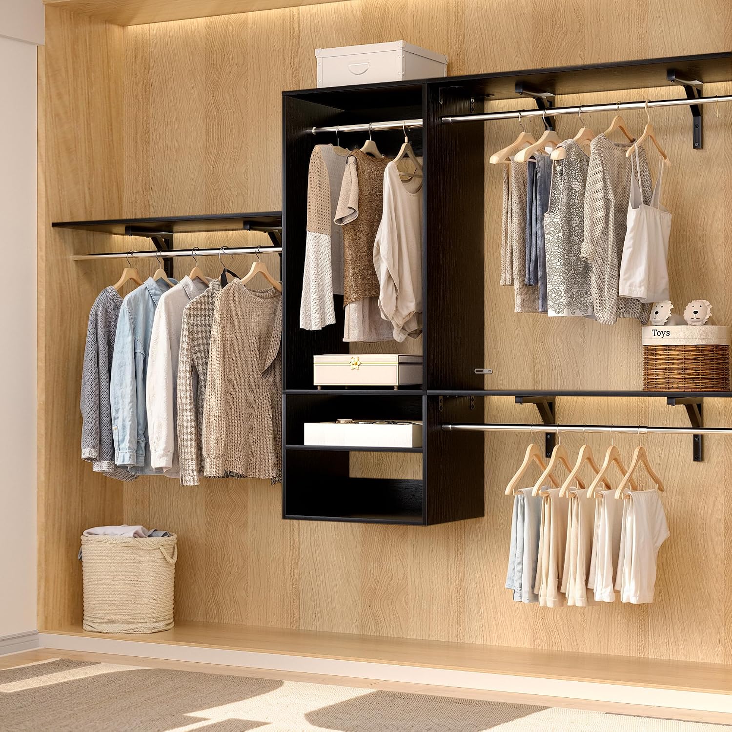 Besiost 8FT Hanging Closet System, 96 Inch Closet Organizer System with Hanging Rod, Walk In Mounted Closet System, Built-In Clothes Garment Rack with 3 Shelving Towers(Can Be Cut To Fit), Black