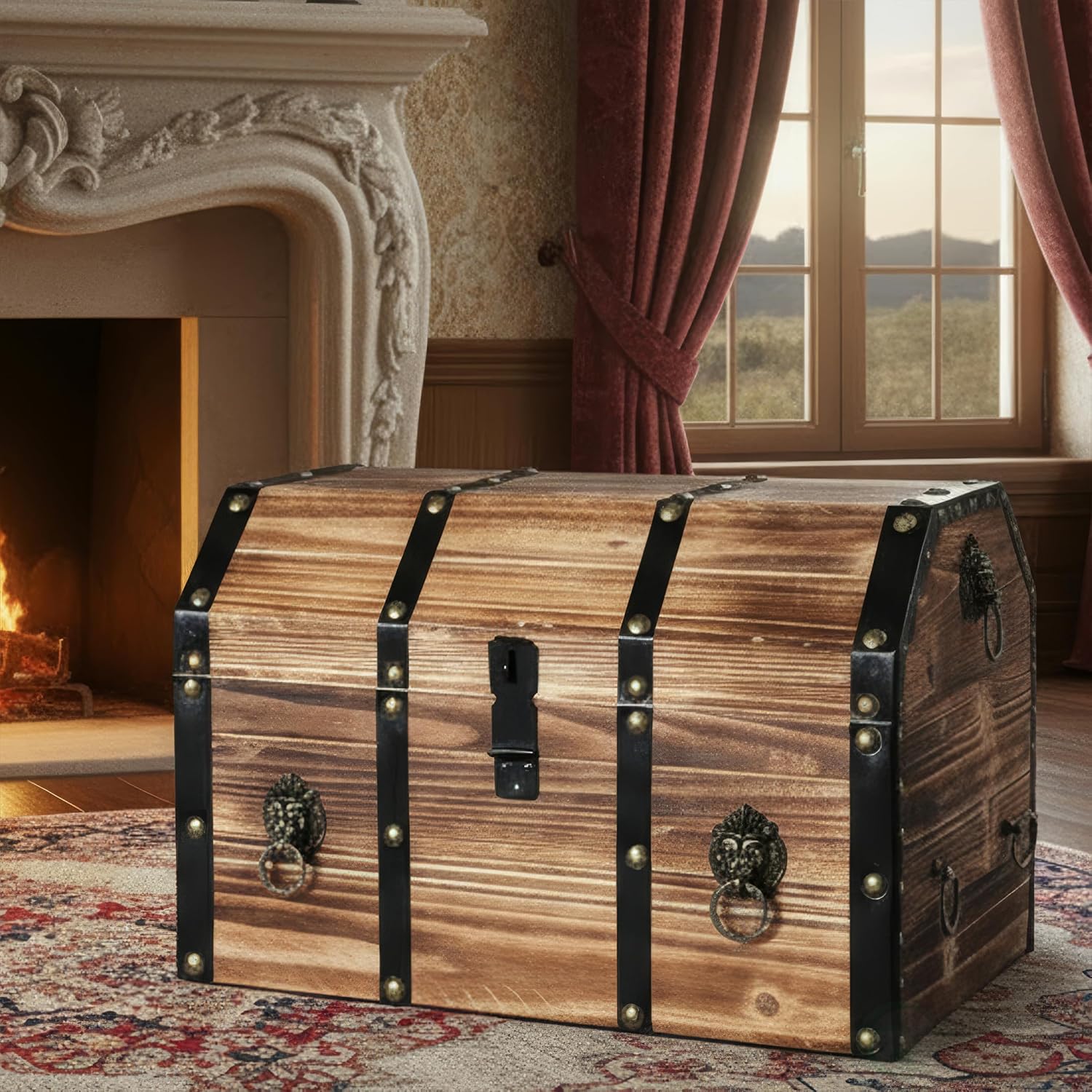 Vintiquewise Wooden Treasure Chest Trunk Vintage-Style Storage Box with Leather Straps Brass Rivets Lion Head Ornaments & Latch Closure Decorative Accent and Functional Organizer for Home Décor, Large
