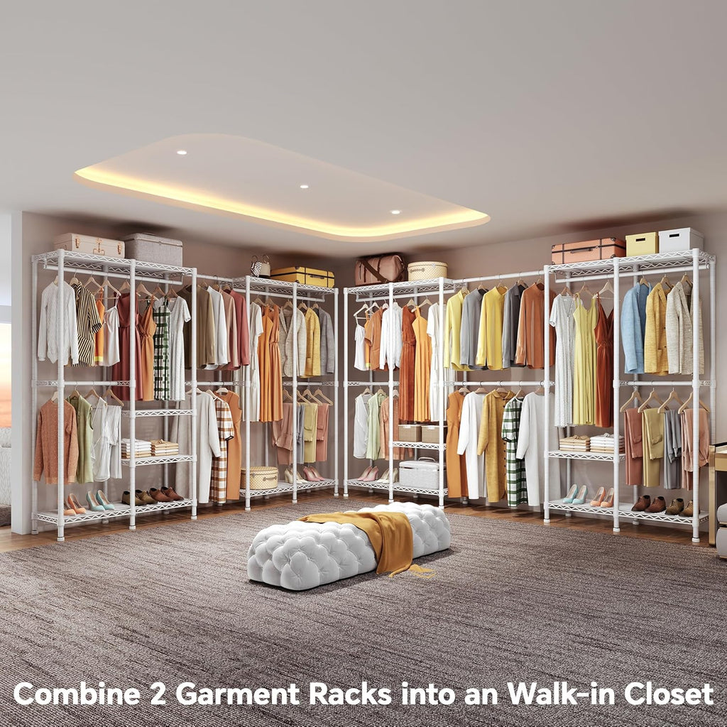 Higeego H5 Pro Heavy Duty Clothes Rack Wardrobe Closet for Hanging Clothes, Freestanding Garment Rack with Expandable Hanger Rods, Closet Organizer and Storage, (97.7-115.4')L x 15.7'W x 75.4'H, White