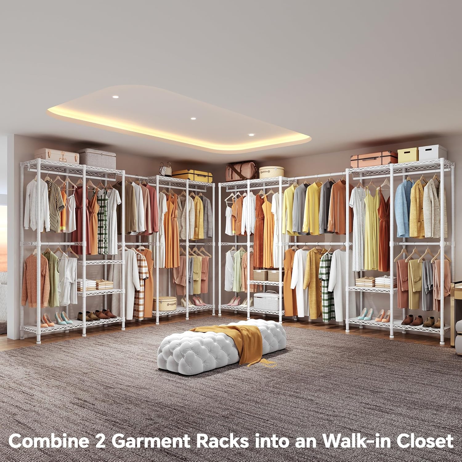 Higeego H5 Pro Heavy Duty Clothes Rack Wardrobe Closet for Hanging Clothes, Freestanding Garment Rack with Expandable Hanger Rods, Closet Organizer and Storage, (97.7-115.4')L x 15.7'W x 75.4'H, White