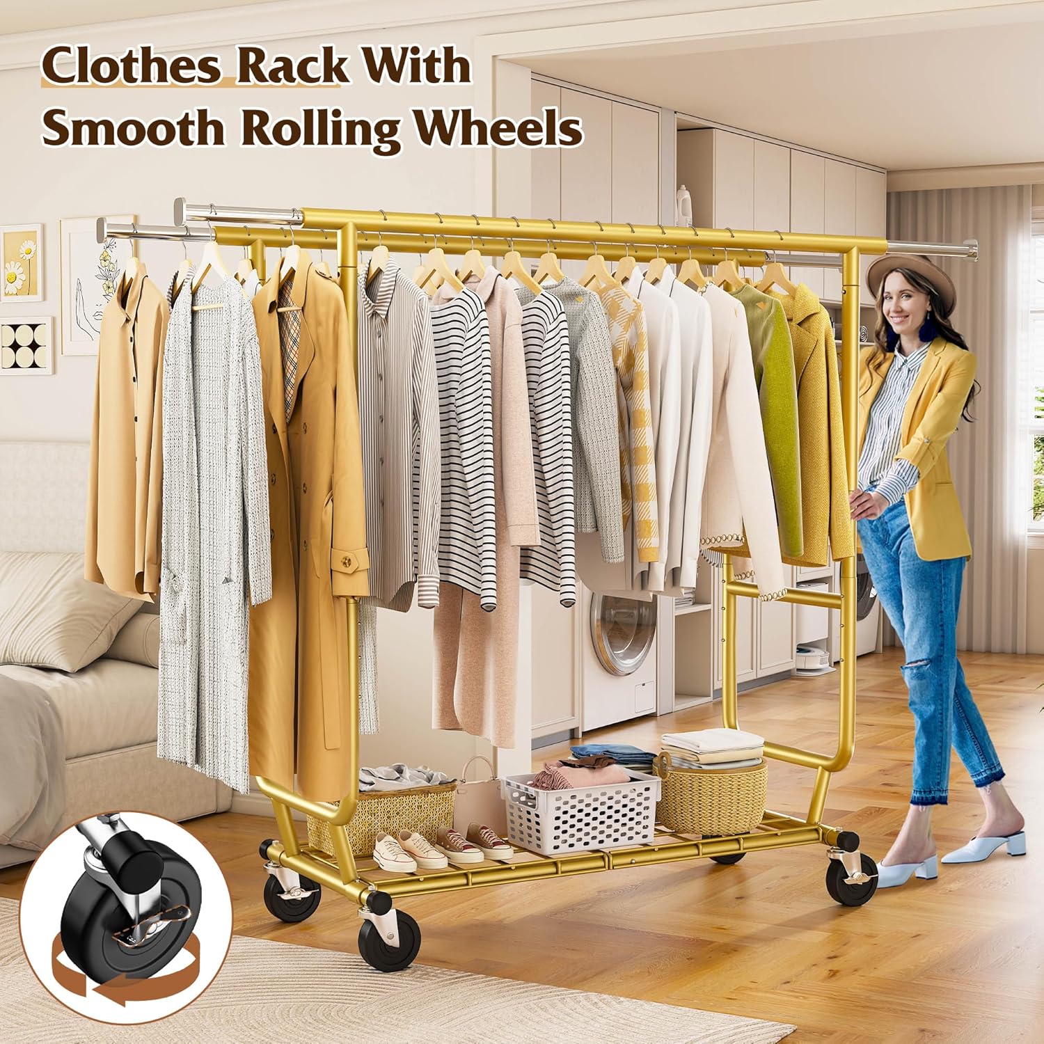 Raybee Clothes Rack Load 650LBS Heavy Duty Clothing Rack, Collapsible Clothes Racks for Hanging Clothes with Adjustable Height & Double Rods, Commercial Garment Rack with Wheels, Easy Assembly, Gold